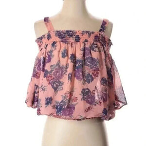 Guess | Pink Purple Floral Ruffle Crop Top Blouse Women’s Size M Medium